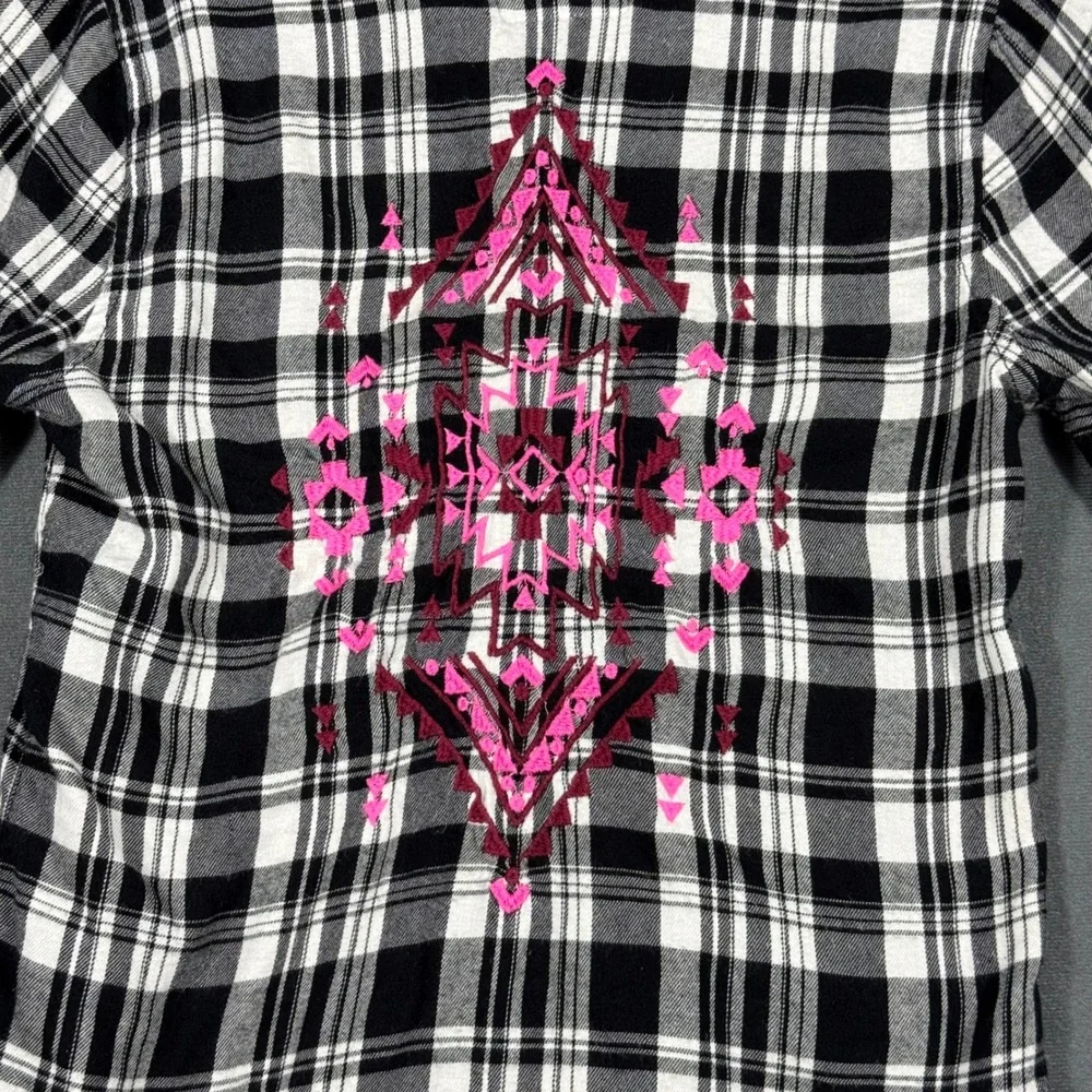Justice Button Down Girls 14 Black White Plaid Pink Embroidered Flannel Shirt